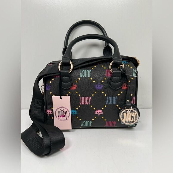 Juicy Couture Simplicity Satchel Black Multicolor Logo Crossbody Bag NWT - Picture 1 of 6